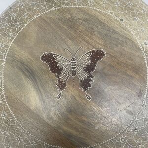 Vintage Hand Painted Hand Crafted Wooden Lazy Susan Large Centerpiece Butterfly